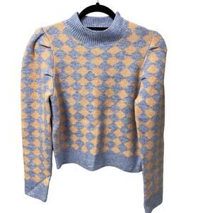 THML Mock Neck Sweater Diamond Pattern Light Blue Tan Womens Small